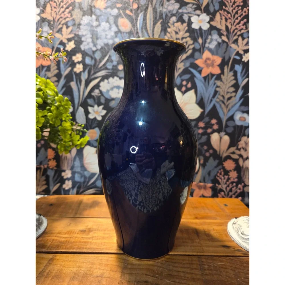 Lindner‎ Keups Porcelain Cobalt Blue Vase Floral Motif Gold Trim Western Germany